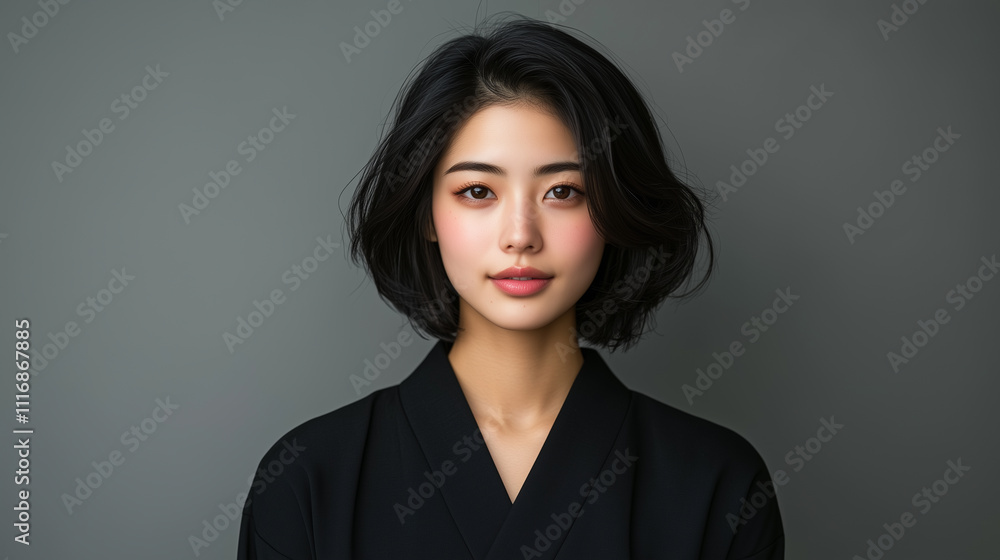 young woman with short black hair wearing black kimono, showcasing serene expression against gray background. Her makeup is subtle, enhancing her natural beauty. young woman with short black hair wearing black kimono, showcasing serene expression against gray background. Her makeup is subtle, enhancing her natural beauty.