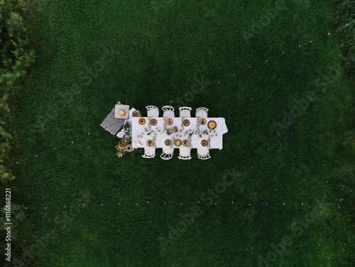 Aerial view of outdoor dining table on green grass