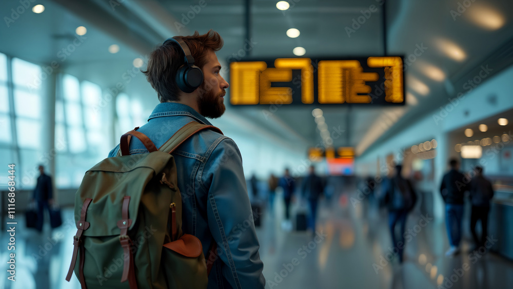Traveler at Airport Terminal with Backpack Traveler at Airport Terminal with Backpack