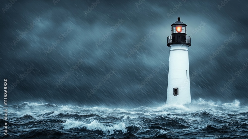Lighthouse shining brightly during a fierce storm at sea. Lighthouse shining brightly during a fierce storm at sea.