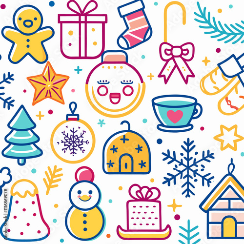 Colorful Christmas seamless pattern with cute icons of gifts, ornaments, snowman, gingerbread man, and more.