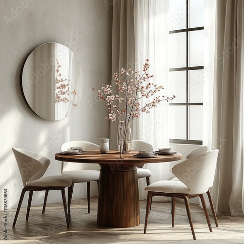 Cozy Minimalist Dining Area Interior Design with Natural Light and Cherry Blossoms Centerpiece photo