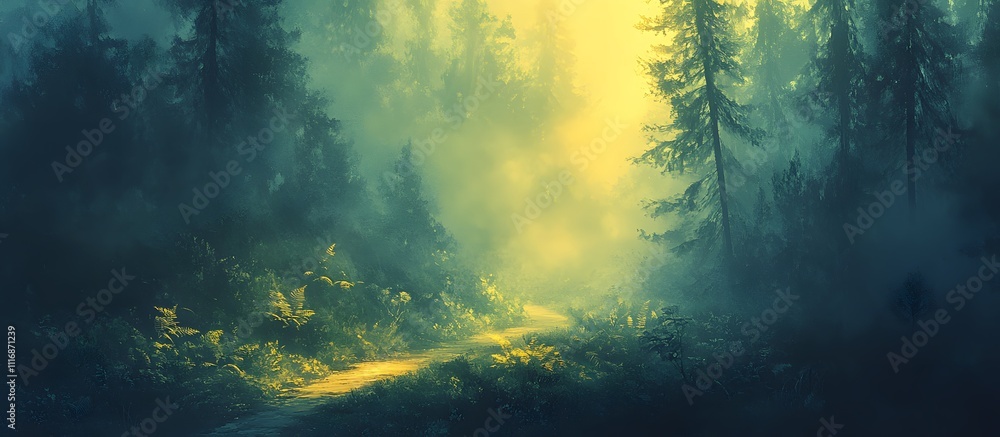 Fototapeta premium Misty forest path at sunrise, sunlight filtering through trees.