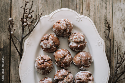 Powdered chocolate cookies arranged on a white plate photo