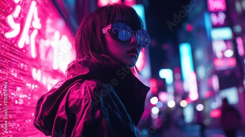 A stylish figure stands in a vibrant urban setting, illuminated by neon lights, showcasing modern fashion and nightlife.