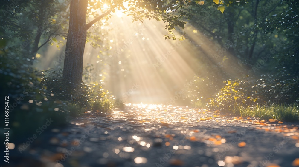 Obraz premium Sun rays illuminate a path through a misty forest.