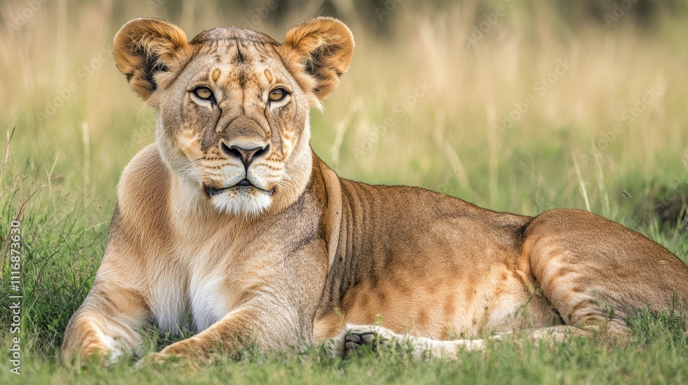 Obraz premium A lioness lies in the grass, looking directly at the camera.