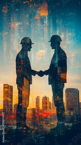 Two construction professionals shaking hands in futuristic cityscape