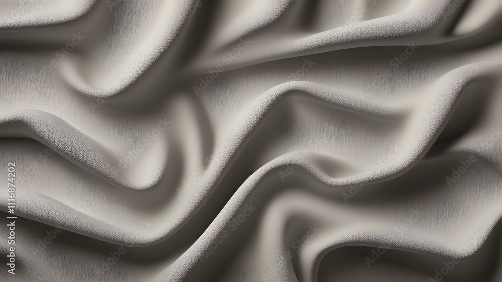 Fototapeta premium Abstract textured background of draped, wavy, light beige fabric with soft folds and shadows.