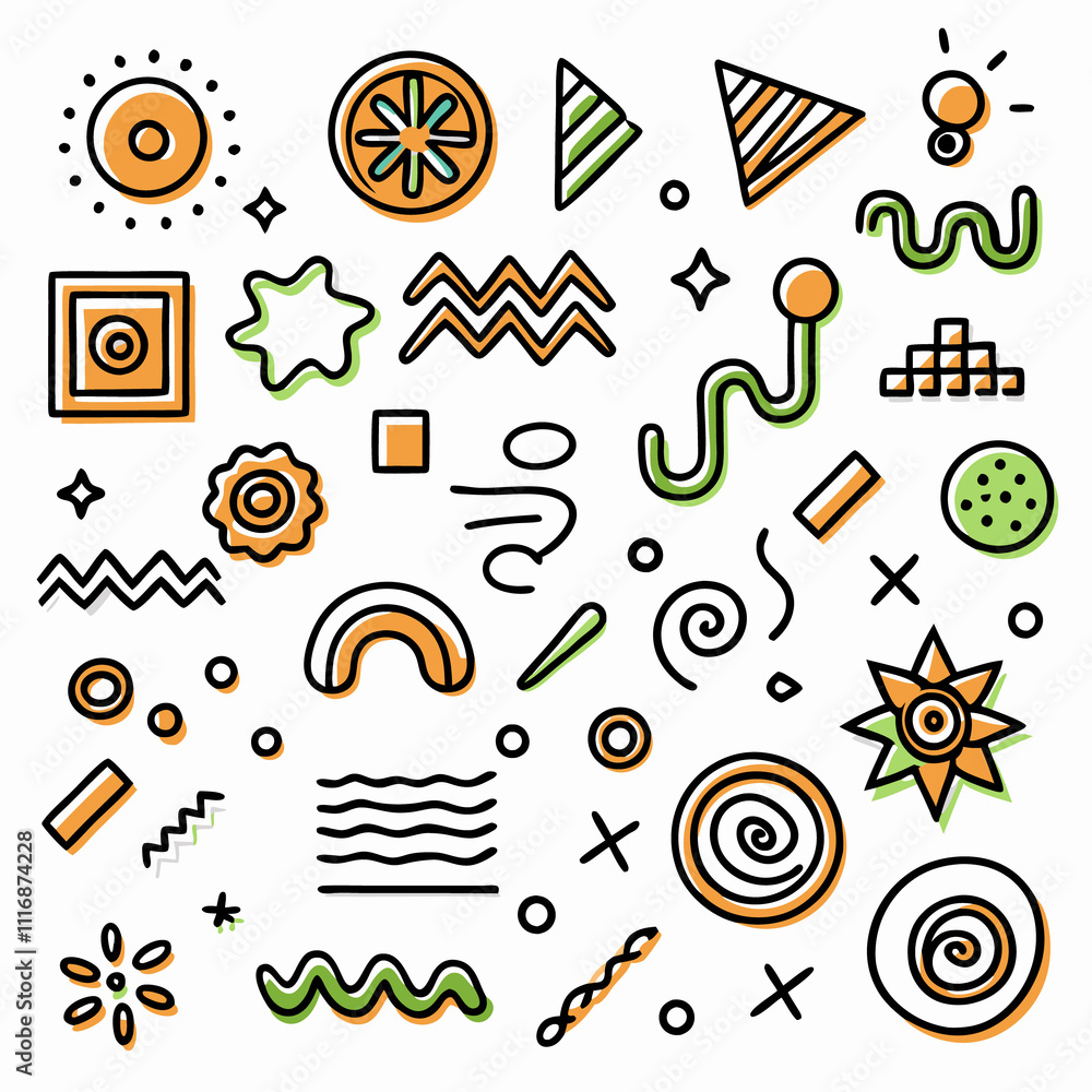Fototapeta premium Collection of abstract shapes, lines, and patterns in orange and green.