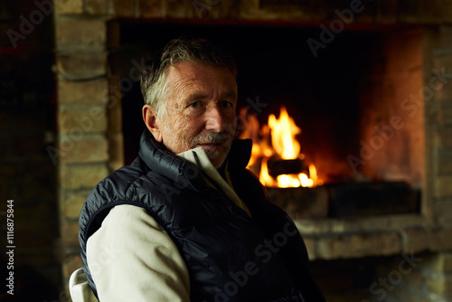 Portrait of a man sitting by a fireplace photo