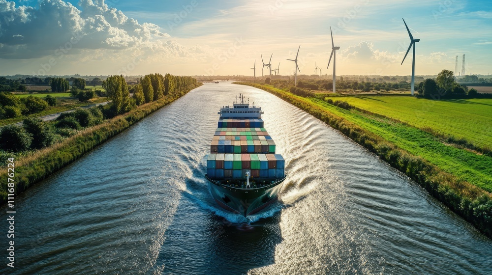 Obraz premium Container ship sailing through a canal lined with futuristic green energy wind turbines, eco-friendly trade concept 