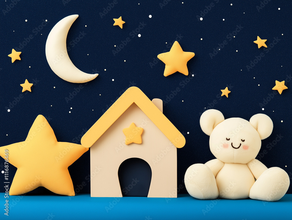 Fototapeta premium Sweet Dreams Under the Night Sky: A charming teddy bear rests beside a miniature house under a crescent moon and twinkling stars, creating a peaceful and whimsical bedtime scene.