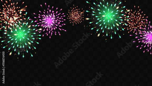 Firework festive color on a transparent background. Dynamics and joy. Holiday Wedding Festival Design for Birthday Card Poster advertising. Vector