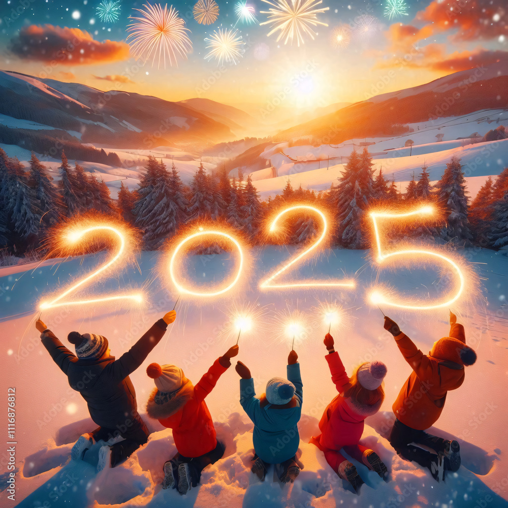 Children joyfully celebrating the new year 2025 in a snowy winter landscape with sparkling lights Children joyfully celebrating the new year 2025 in a snowy winter landscape with sparkling lights