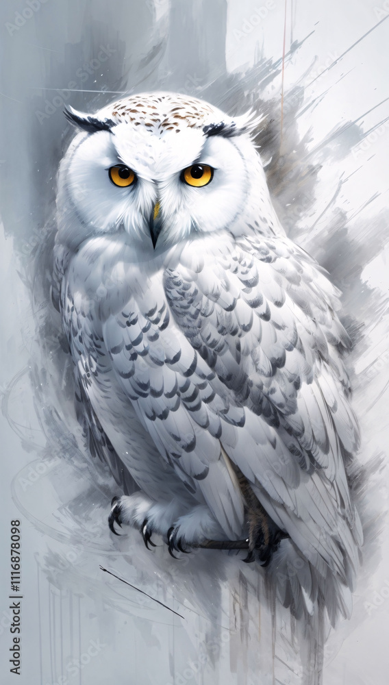 Fototapeta premium Abstract Expressionist Snow Owl with White Brushwork and Dynamic Painting Splatters in Artistic Style