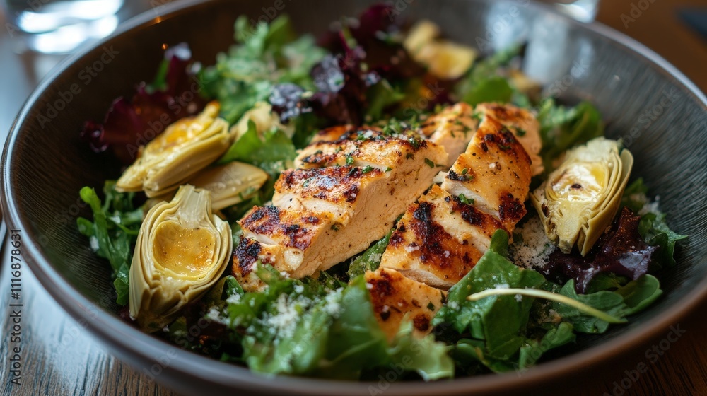 A vibrant salad topped with grilled salmon and artichokes, served in a bowl. A vibrant salad topped with grilled salmon and artichokes, served in a bowl.