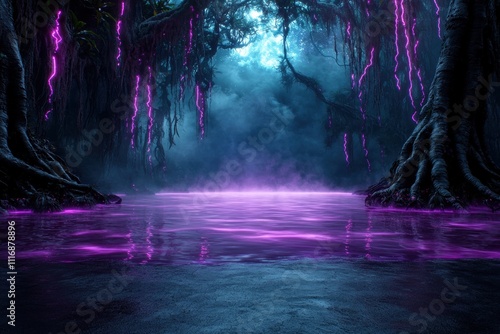 Enchanting mystical forest landscape with glowing purple lightning