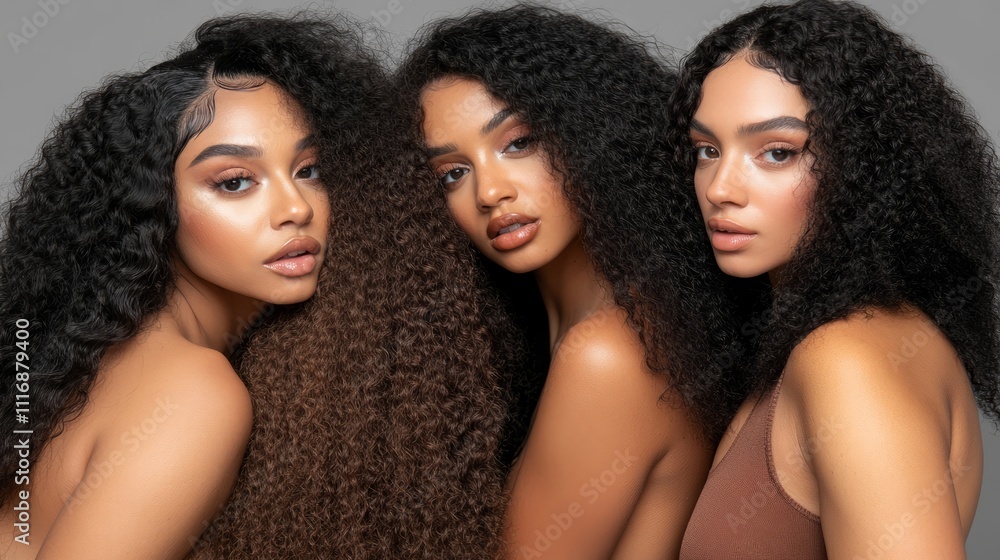 Obraz premium Three beautiful black women, all of whom have different hairstyles - curly, straight or wavy - are photographed in brown tights, the product of a wig company