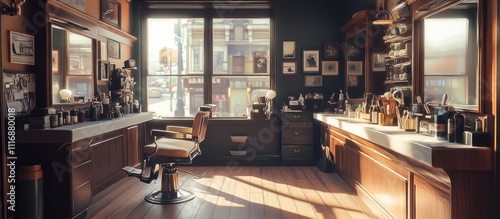 Wallpaper Mural Empty barber shop with a vintage chair, wood counter, and sunlight streaming in the window. Torontodigital.ca