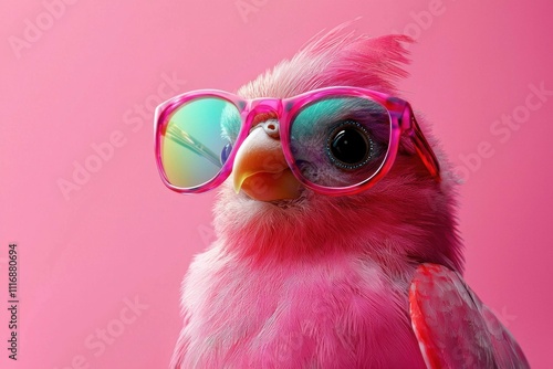 Cute pink bird wearing stylish sunglasses against a vibrant pink background, showcasing a fun and playful attitude. Bright colors and whimsical concept. photo