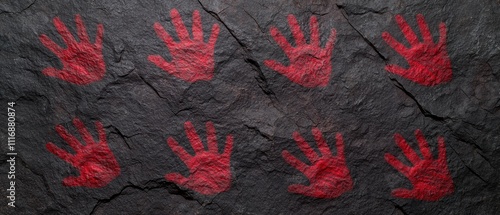 Bloody handprints on dark rock surface photo