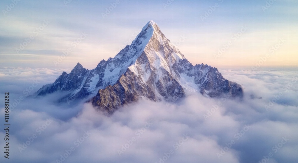 Obraz premium Majestic snowy mountain peak above the clouds