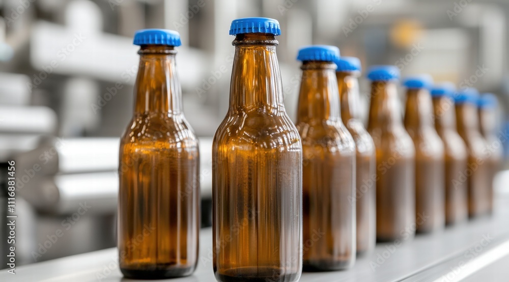Rows of amber-colored glass bottles with blue caps Rows of amber-colored glass bottles with blue caps