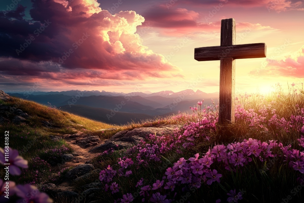 Cross on Hilltop at Sunset with Wildflowers and Dramatic Sky Cross on Hilltop at Sunset with Wildflowers and Dramatic Sky