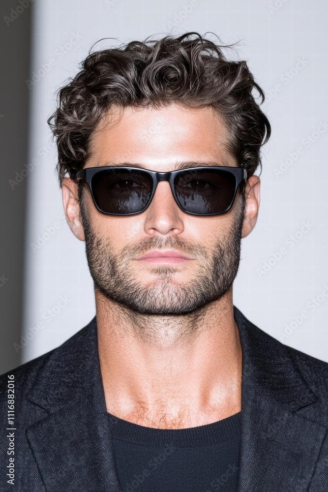 Obraz premium Stylish man with curly hair and sunglasses