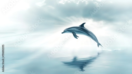 Dolphin leaping from ocean, sun rays breaking through clouds. photo