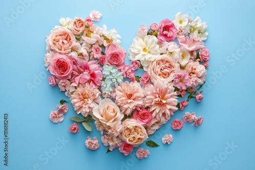 Beautiful heart-shaped arrangement of various colorful flowers on a vibrant blue background, symbolizing love and affection. Floral decoration concept. photo