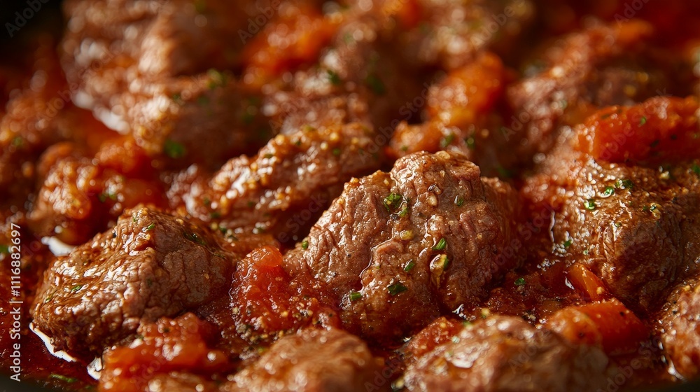 Close-up of tender beef chunks simmered in a rich tomato sauce with spices. Close-up of tender beef chunks simmered in a rich tomato sauce with spices.