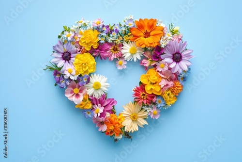 Colorful heart-shaped arrangement of fresh flowers on a blue background, celebrating love and beauty in nature, perfect for romantic and joyful themes. photo