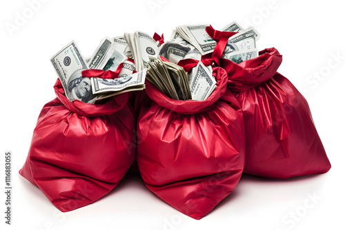 Stacks of cash overflowing from red bags showcasing wealth and abundance, emphasizing a theme of financial success and prosperity photo