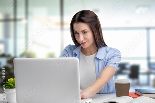 Free Download Smiling accountant woman working at office desk - GFXLoad