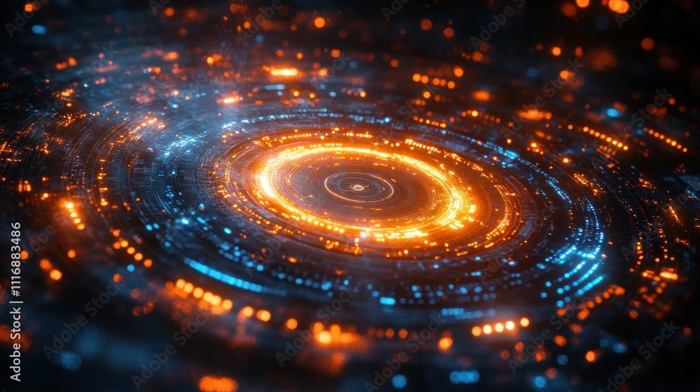 Futuristic Abstract Camera Lens Design with Concentric Circles and Glowing Lights