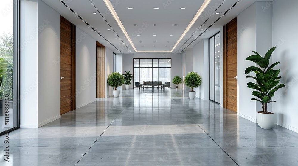 Modern office hallway with polished floor, plants, and natural light. Modern office hallway with polished floor, plants, and natural light.