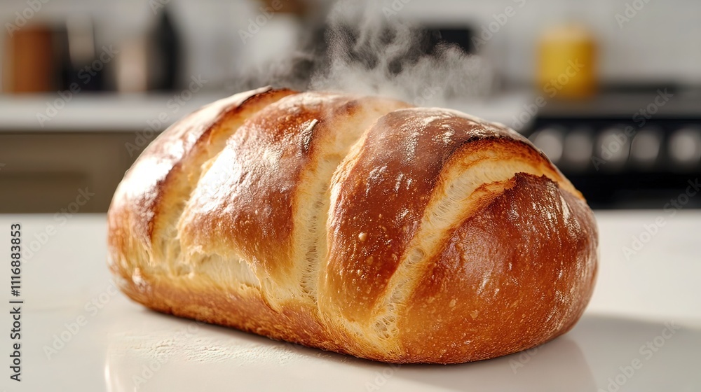 Freshly baked loaf of bread steaming on a kitchen counter. Freshly baked loaf of bread steaming on a kitchen counter.