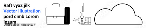 Briefcase icon, Bitcoin mining rig with circuit and coin, cloud symbol. Ideal for business, technology, finance, cryptocurrency, cloud computing, digital marketing, and data storage. Landing page