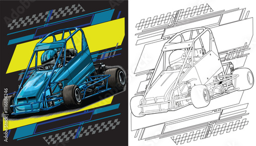 Outline blue and painted racing car. Isolated in white background, for t-shirt design, print, and for business purposes.
