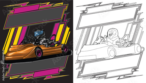 Outline orange and painted racing car. Isolated in black background, for t-shirt design, print, and for business purposes.
