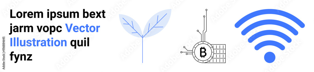Leaf, bitcoin circuit board, and wireless symbol beside placeholder text. Ideal for tech websites, cryptocurrency blogs, digital security, green tech, educational content, innovative marketing Leaf, bitcoin circuit board, and wireless symbol beside placeholder text. Ideal for tech websites, cryptocurrency blogs, digital security, green tech, educational content, innovative marketing