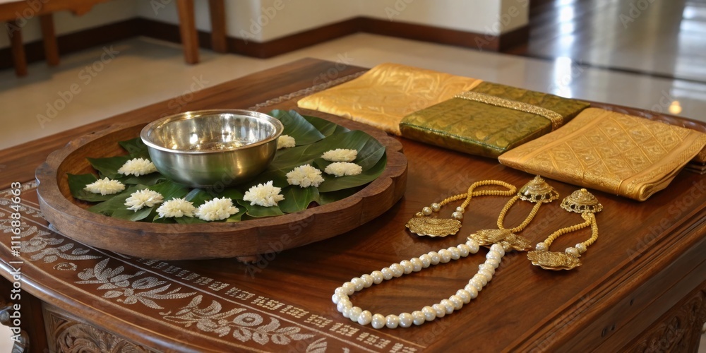 Decorative tray with flowers and traditional items arranged for a celebration in a cultural setting Decorative tray with flowers and traditional items arranged for a celebration in a cultural setting