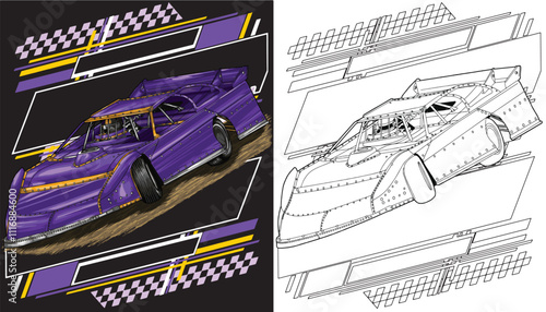Outline purple and painted racing car. Isolated in white background, for t-shirt design, print, and for business purposes.