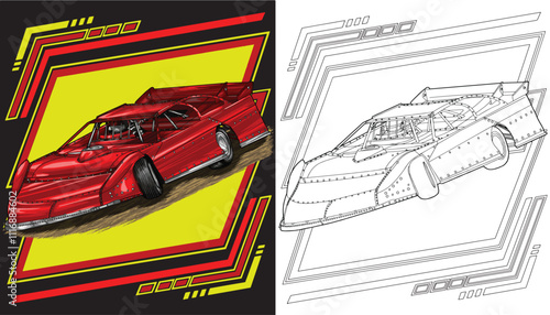 Outline red and painted racing car. Isolated in black background, for t-shirt design, print, and for business purposes.