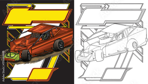 Outline red and painted racing car. Isolated in black background, for t-shirt design, print, and for business purposes.