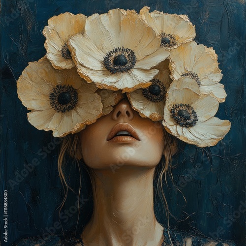 Surreal Portrait of Woman with Flower Covering Face and Lips in Oil Paint Texture