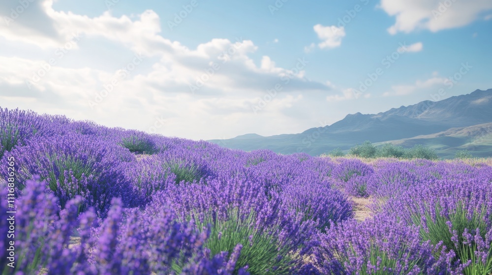 Obraz premium Blooming lavender field in peak season, under clear skies