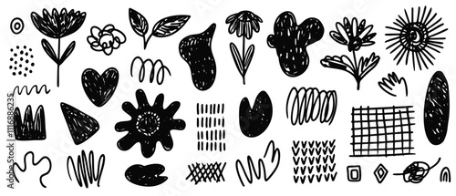 Hand drawn textured set of black vector abstract flowers and freehand shapes. Ink drawing grunge flower, heart, swirl, brush strokes, organic blobs for pattern design, greeting cards, stickers